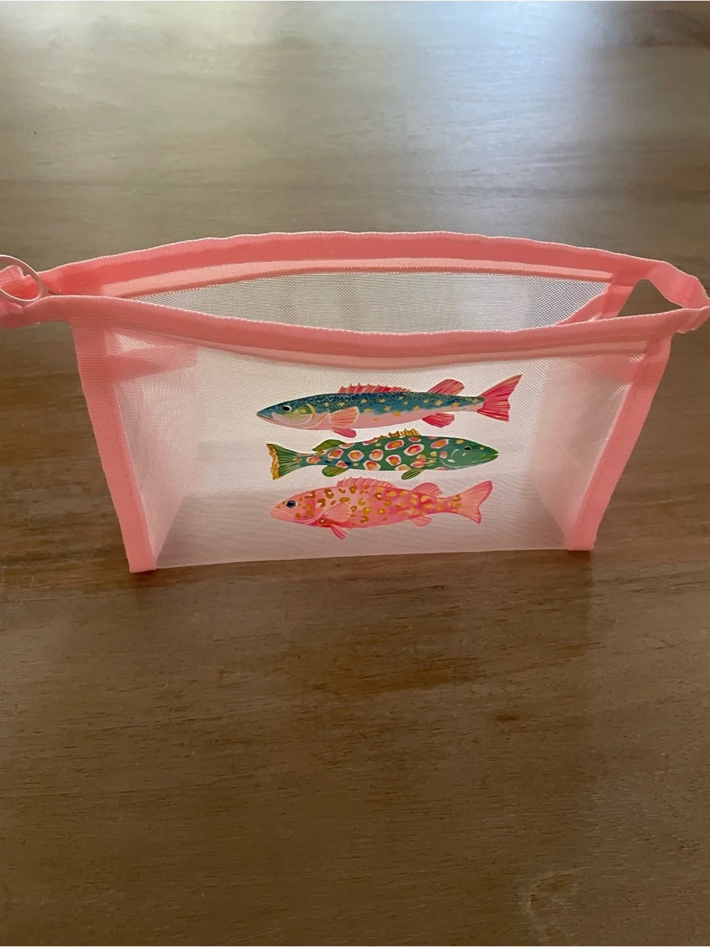 Haus of Brilliance Pink Mesh Pouch with Colorful Fish Appliqués